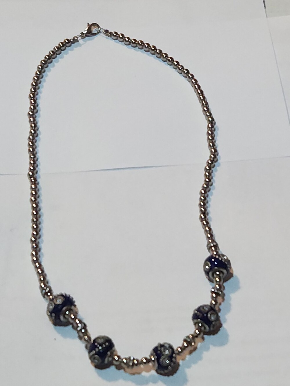 Midnight Blue and Silver Beaded Indonesian Tribal Style Silver Tone Necklace